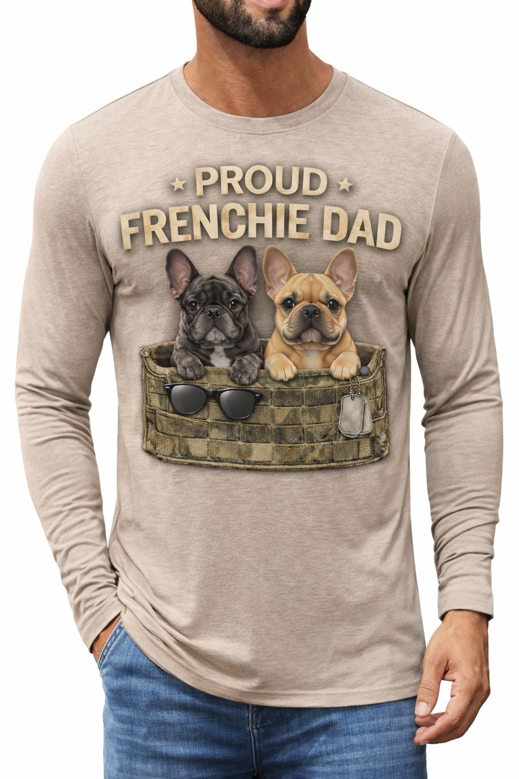 Frenchie Dad / Khaki long sleeve crew neck / model 1101
