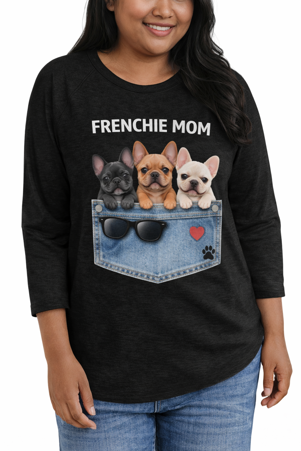 Frenchie Mom / black crewneck 3/4 Sleeve Tops Casual T Shirt / model 045