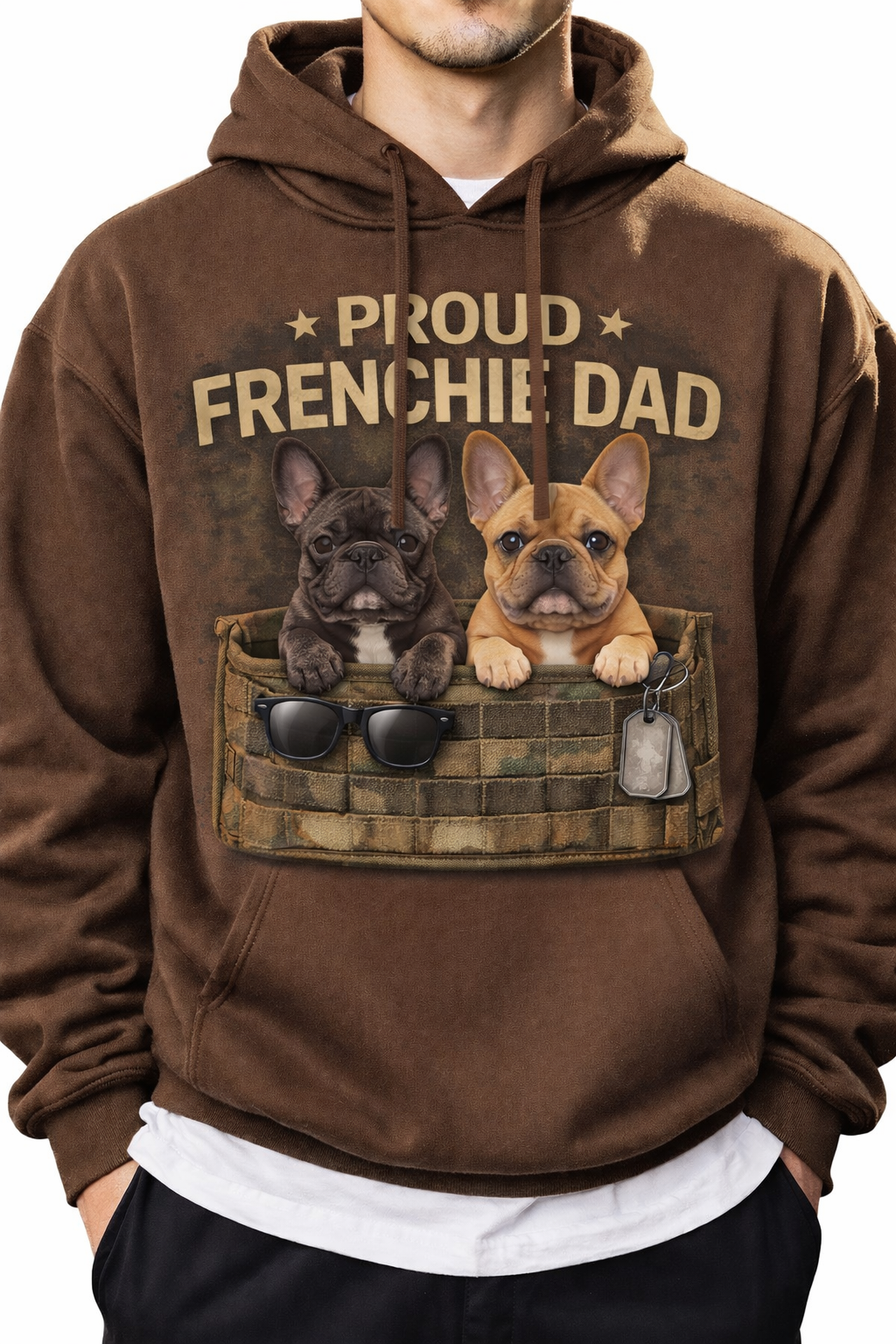 Frenchie Dad / earth brown hoodie / model 804