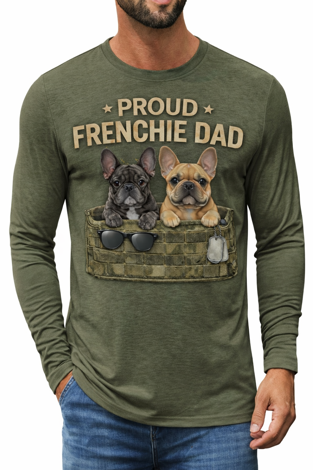 Frenchie Dad / Army green long sleeve crew neck / model 1102