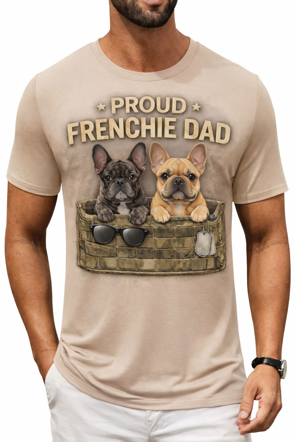 Frenchie Dad / Khaki short sleeve crew neck shirt / model 1105